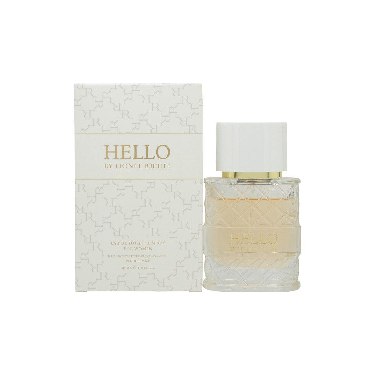 Lionel Richie Hello for Women Eau de Toilette 30 ml, rund klar glasflakon med rosagyldent låg og blød pink nuance