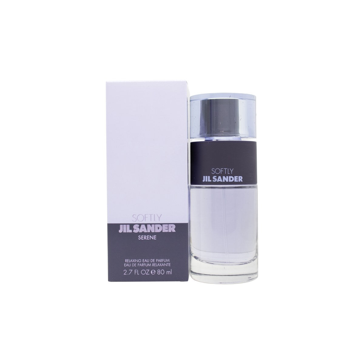 Jil Sander Softly Serene Eau de Parfum, Jil Sander, 80 ml – klar rektangulær glasflaske med gylden duft og minimalistisk låg.