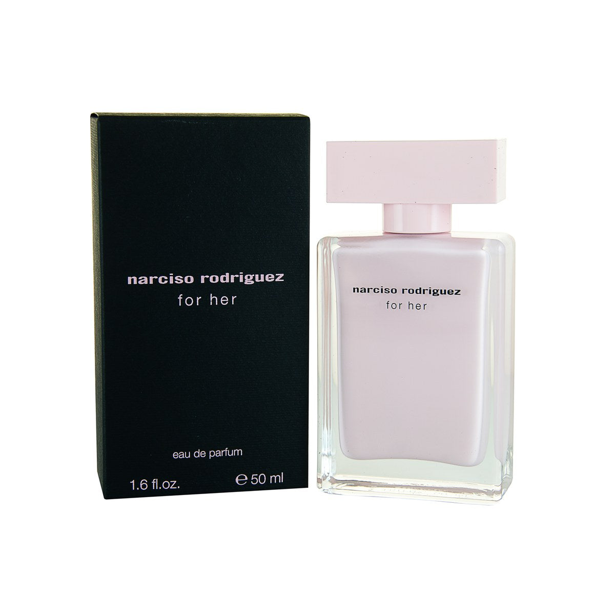 For Her Eau De Parfum Narciso Rodriguez 50 ml, firkantet glasflaske med nude pink indre, sort låg, minimalistisk design.