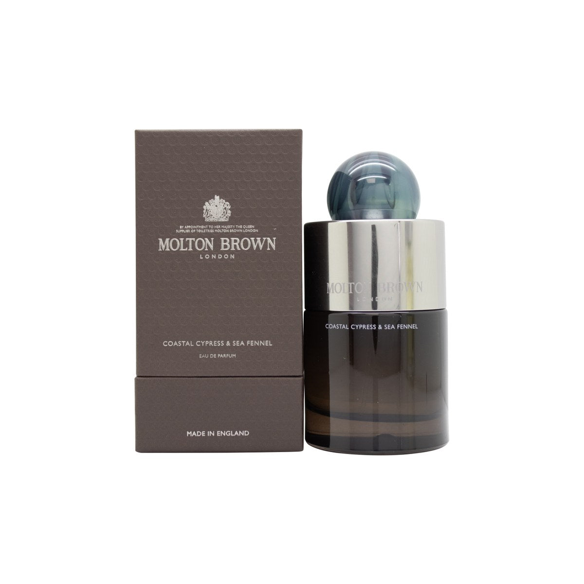 Molton Brown Coastal Cypress & Sea Fennel Eau de Parfum, Molton Brown, 100 ml – klar glasflaske med sølvlåg og blålig duft
