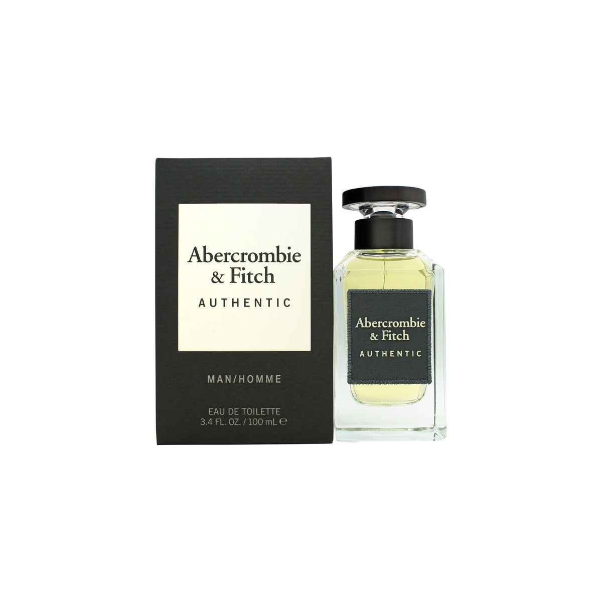 Abercrombie & Fitch Authentic Man Eau de Toilette 100 ml flaske i klart glas med sølv spray og minimalistisk etiketdesign