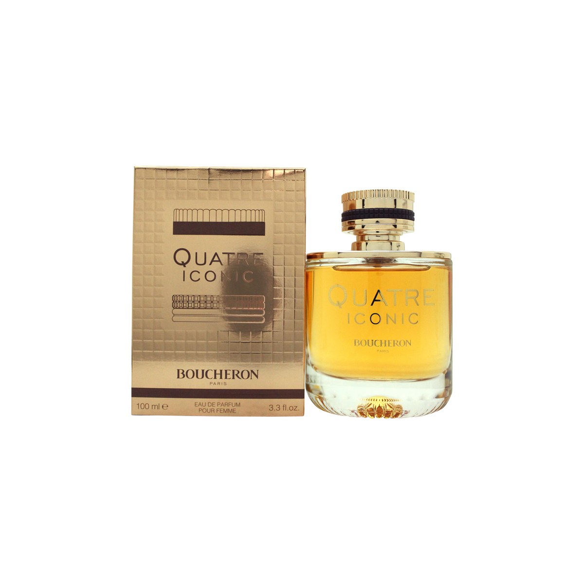 Boucheron Quatre Iconic Eau de Parfum 100 ml fra Boucheron – gylden, riflet flakon med rund hætte og ikonisk ringdetalje