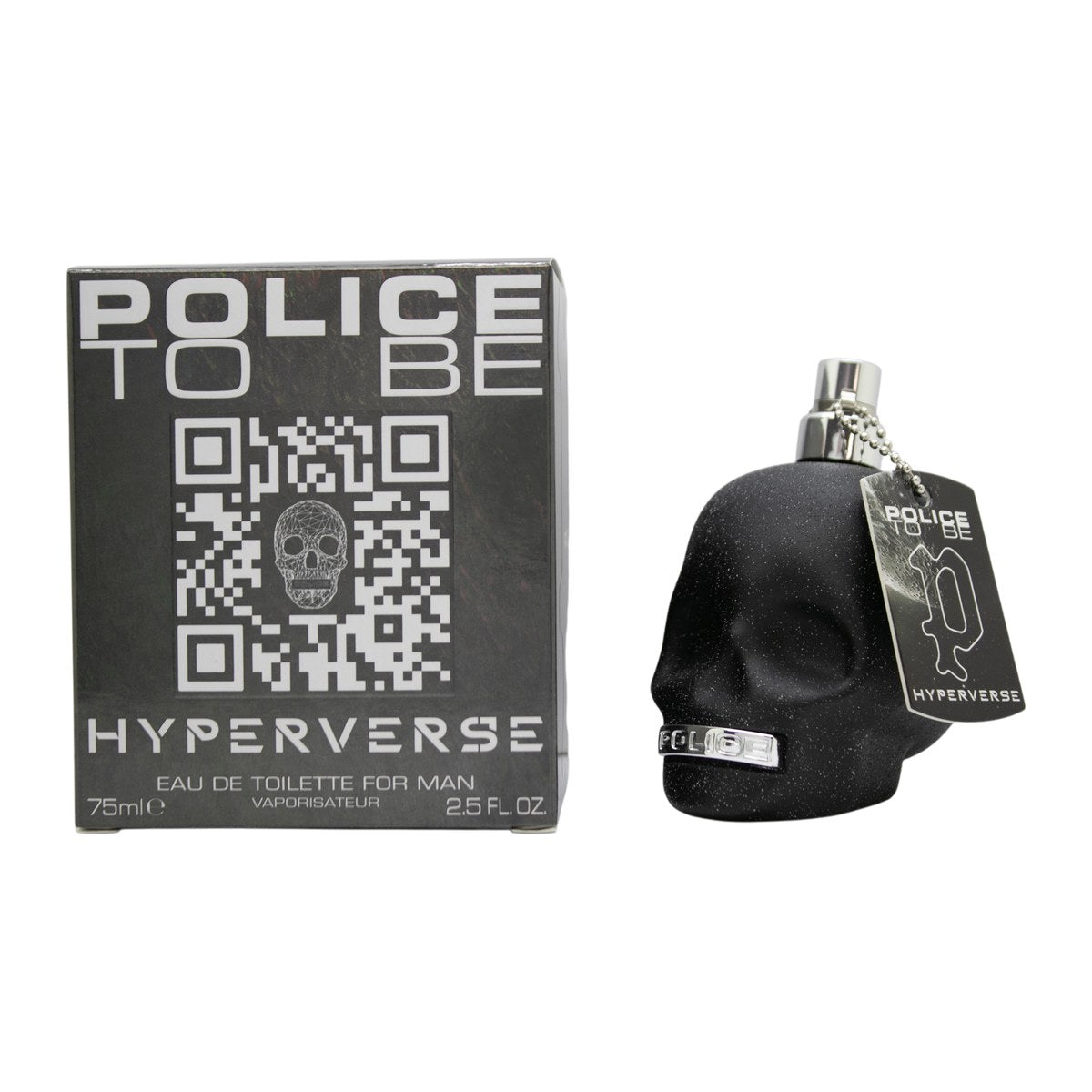 Police To Be Hyperverse Eau de Parfum 75 ml, kranieformet flakon i blåviolet glas med sort hætte og grafiske detaljer.
