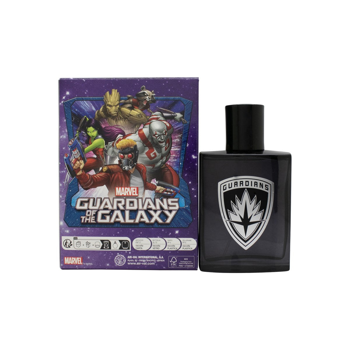 Marvel Guardians Of The Galaxy Eau de Toilette 100ml, Marvel 100 ml flakon i mørkeblåt glas med superheltemotiv og sort låg