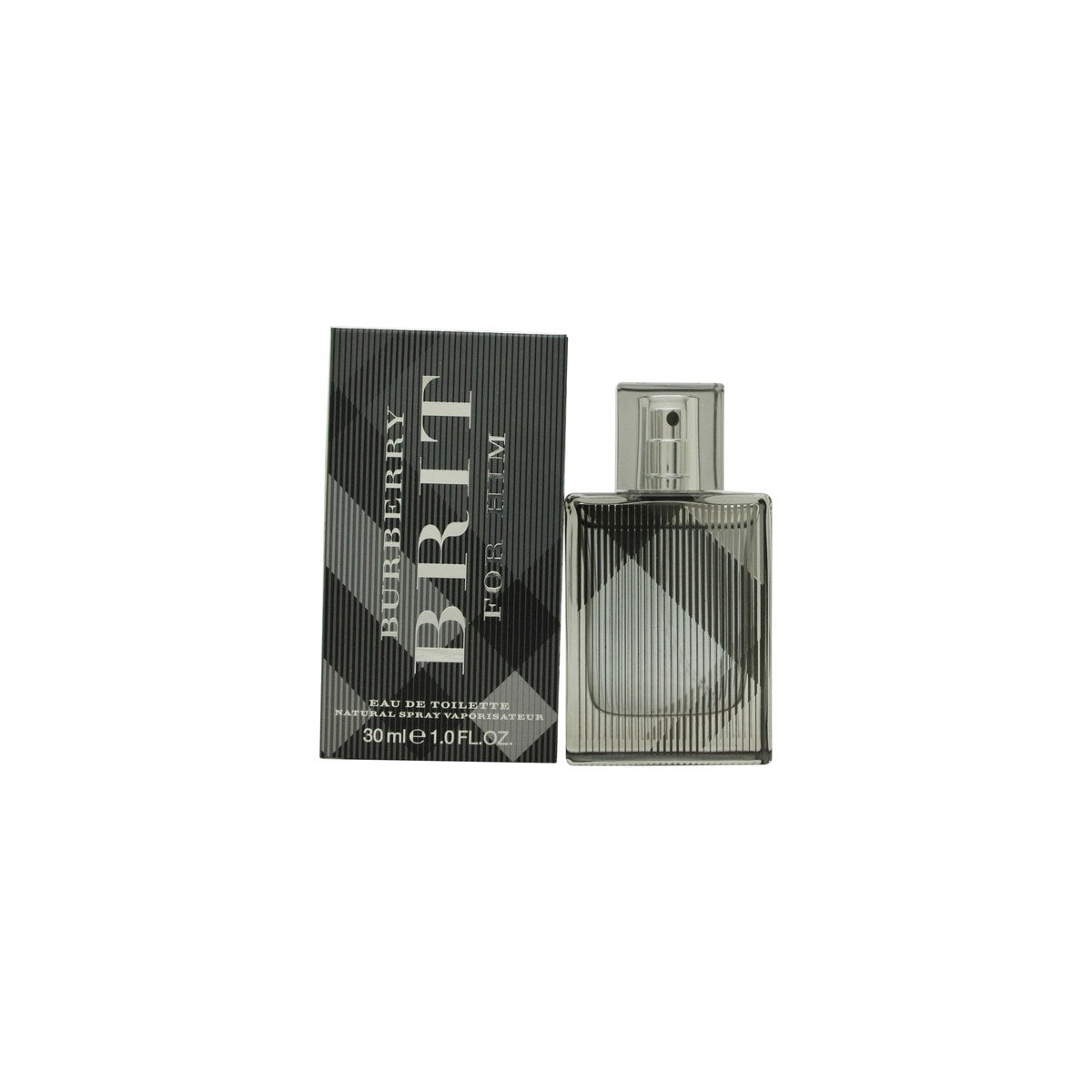 Burberry Brit Eau de Toilette Burberry 30 ml i rektangulær glasflakon med klassisk ternet mønster og sølvfarvet låg
