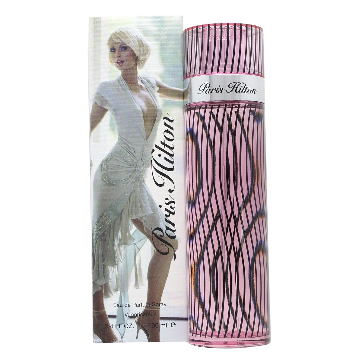 Paris Hilton Eau de Parfum, Paris Hilton, 100 ml – rosa flakon med sort silhuetmotiv og sort låg