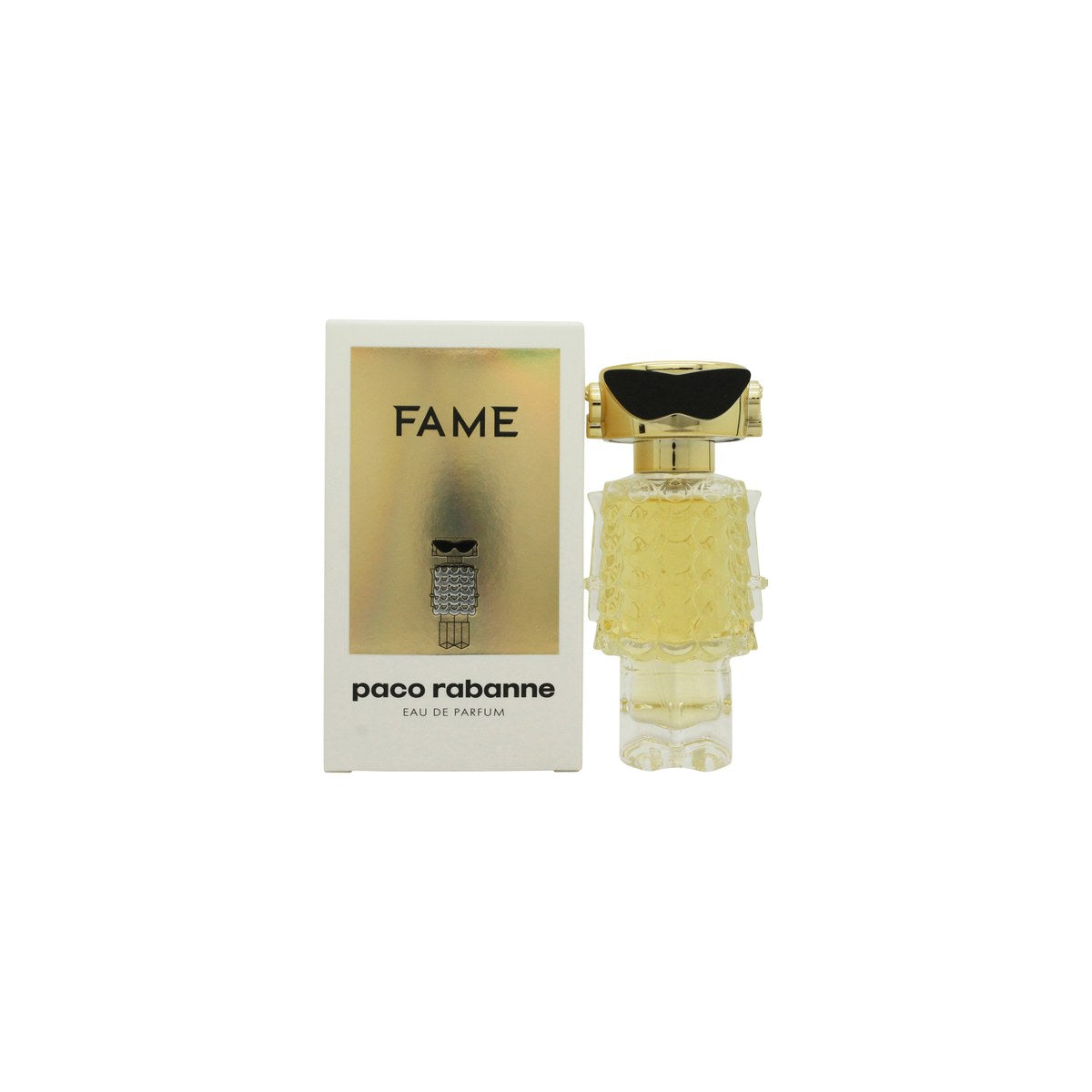 Paco Rabanne Fame Eau de Parfum 30 ml fra Paco Rabanne – guldfarvet robotformet flakon med sølvdetaljer og sort top