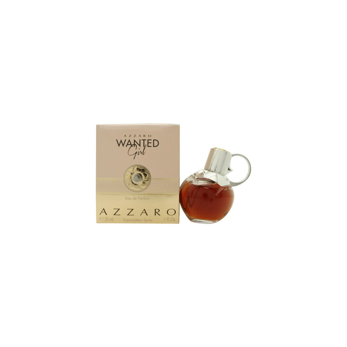 Azzaro Wanted Girl Eau de Parfum 30 ml, Azzaro – rund gylden glasflakon formet som blomst med klar prop og varme toner.