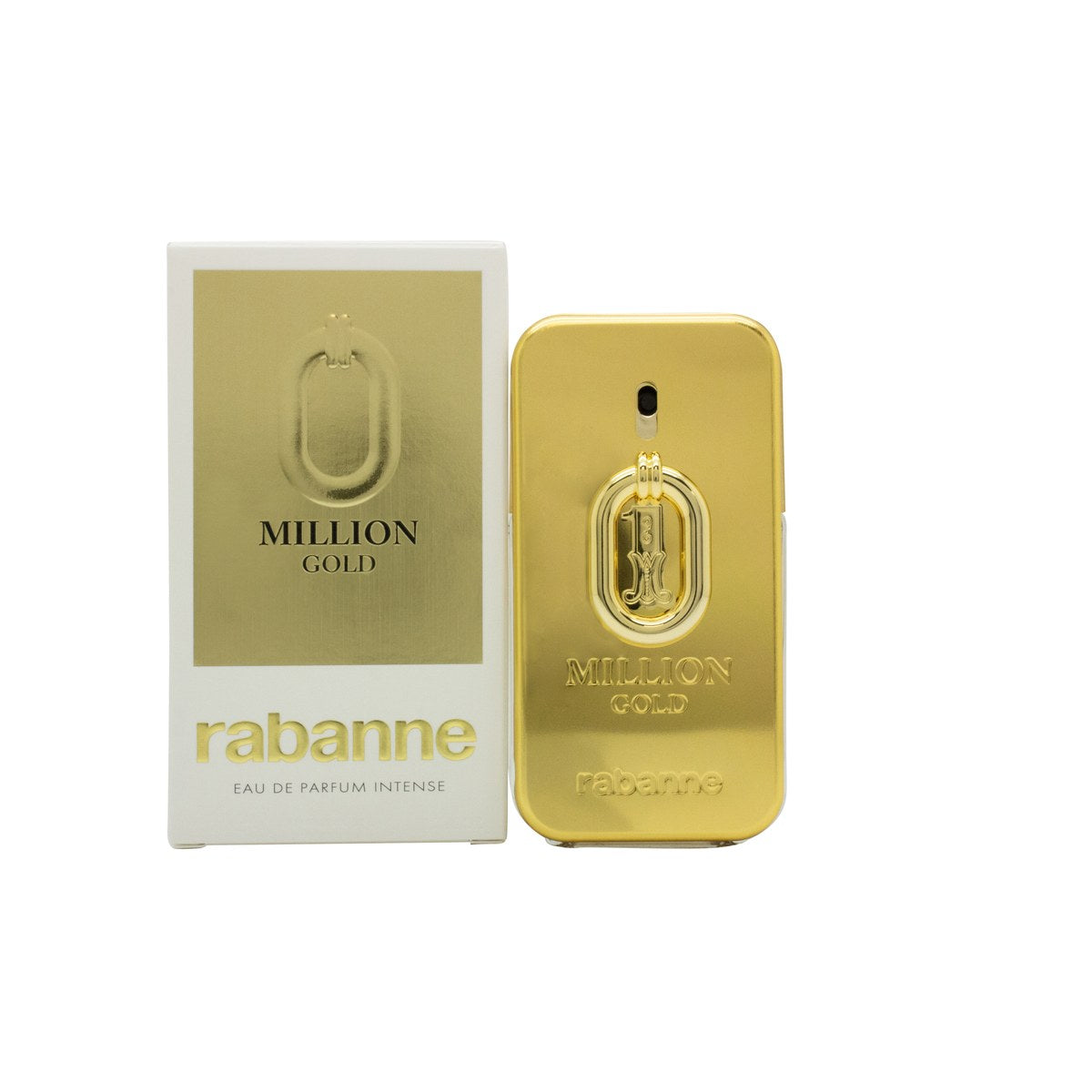 Paco Rabanne Million Gold for Him Eau de Parfum Intense 50 ml, guldfarvet flakon som barre med indgraveret logo.