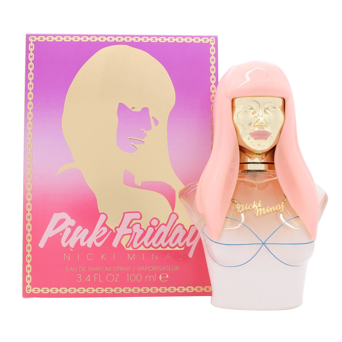 Nicki Minaj Pink Friday Eau de Parfum, Nicki Minaj, 100 ml – pink torsoflaske med gulddetaljer og dramatisk busteformet design