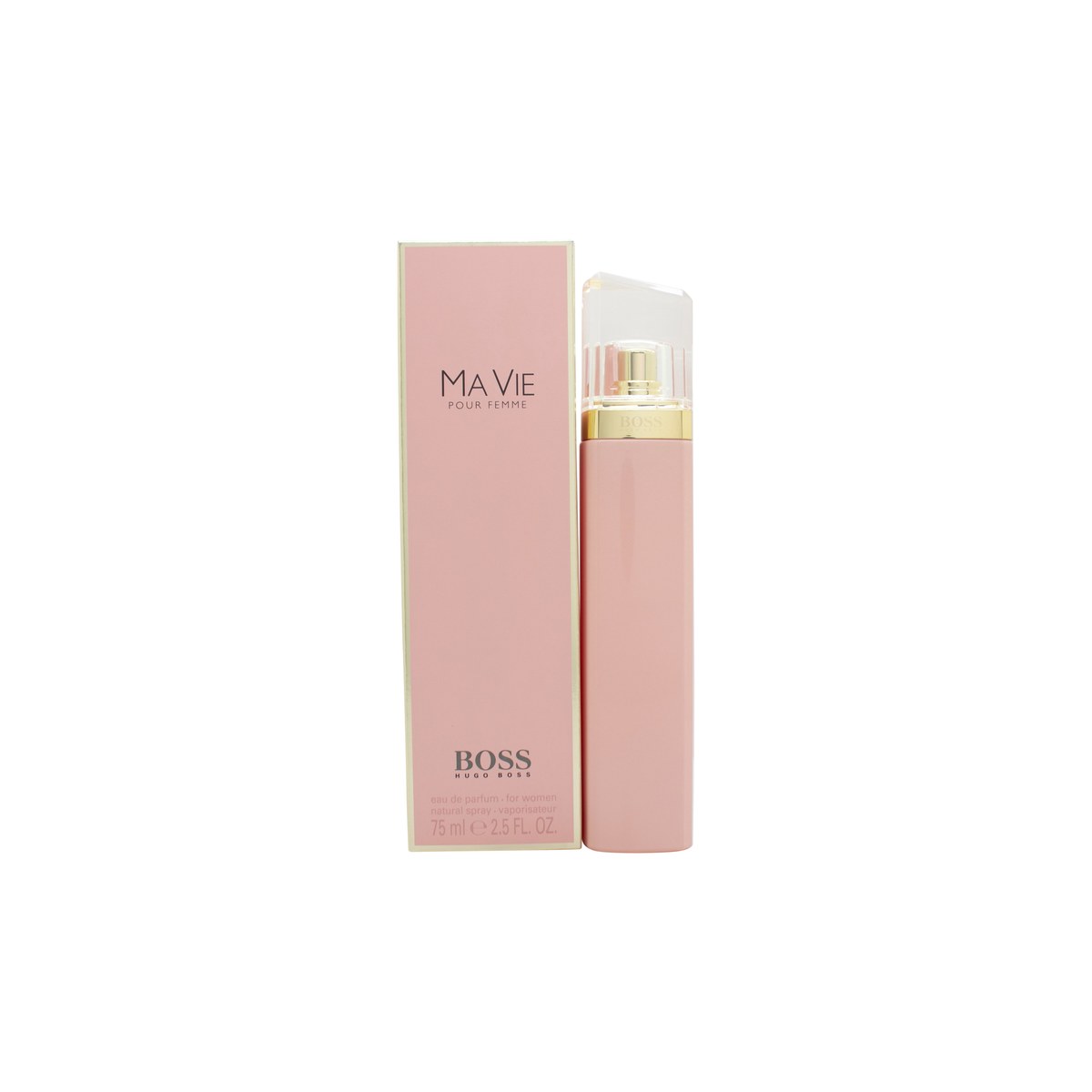 Hugo Boss Boss Ma Vie Eau de Parfum 75 ml, Hugo Boss – lys rosa rektangulær glasflakon med sølvlogo og låg