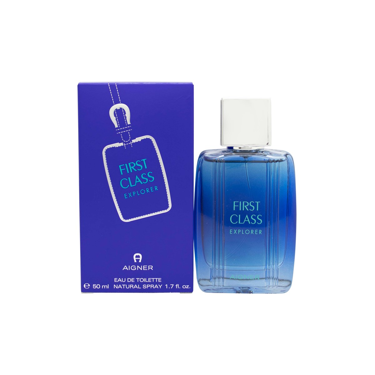 Etienne Aigner First Class Explorer Eau de Toilette 50 ml – mørkeblå rektangulær glasflakon med sølvlåg.