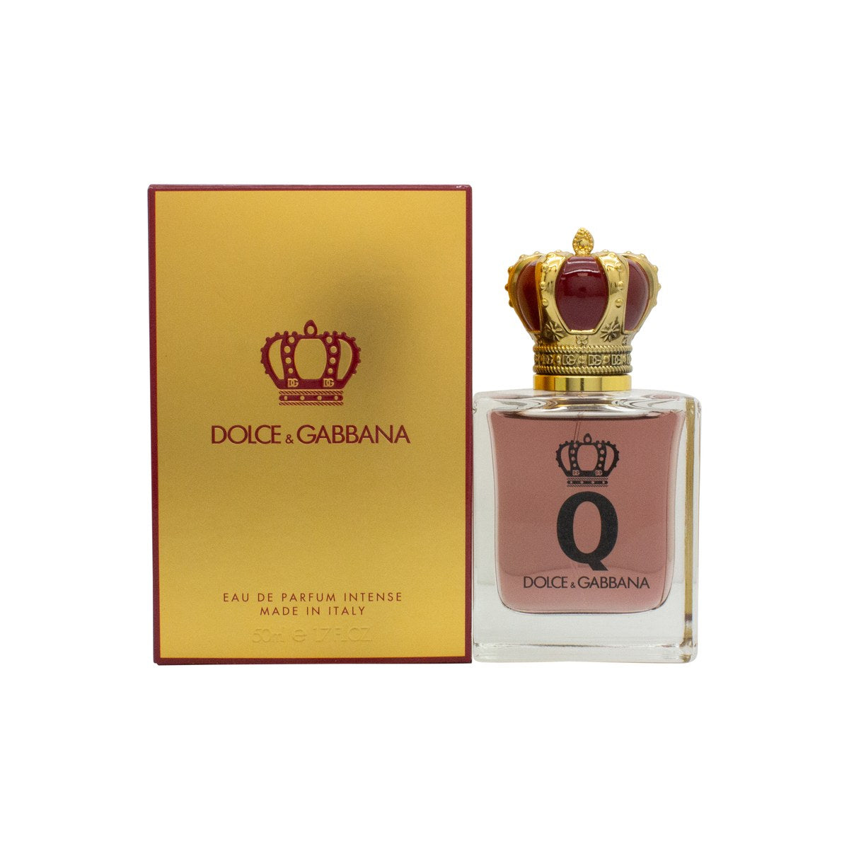Dolce & Gabbana Q Eau de Parfum Intense 50 ml, mørkerød glasflakon med guldkroneformet låg og slank, rektangulær silhuet.