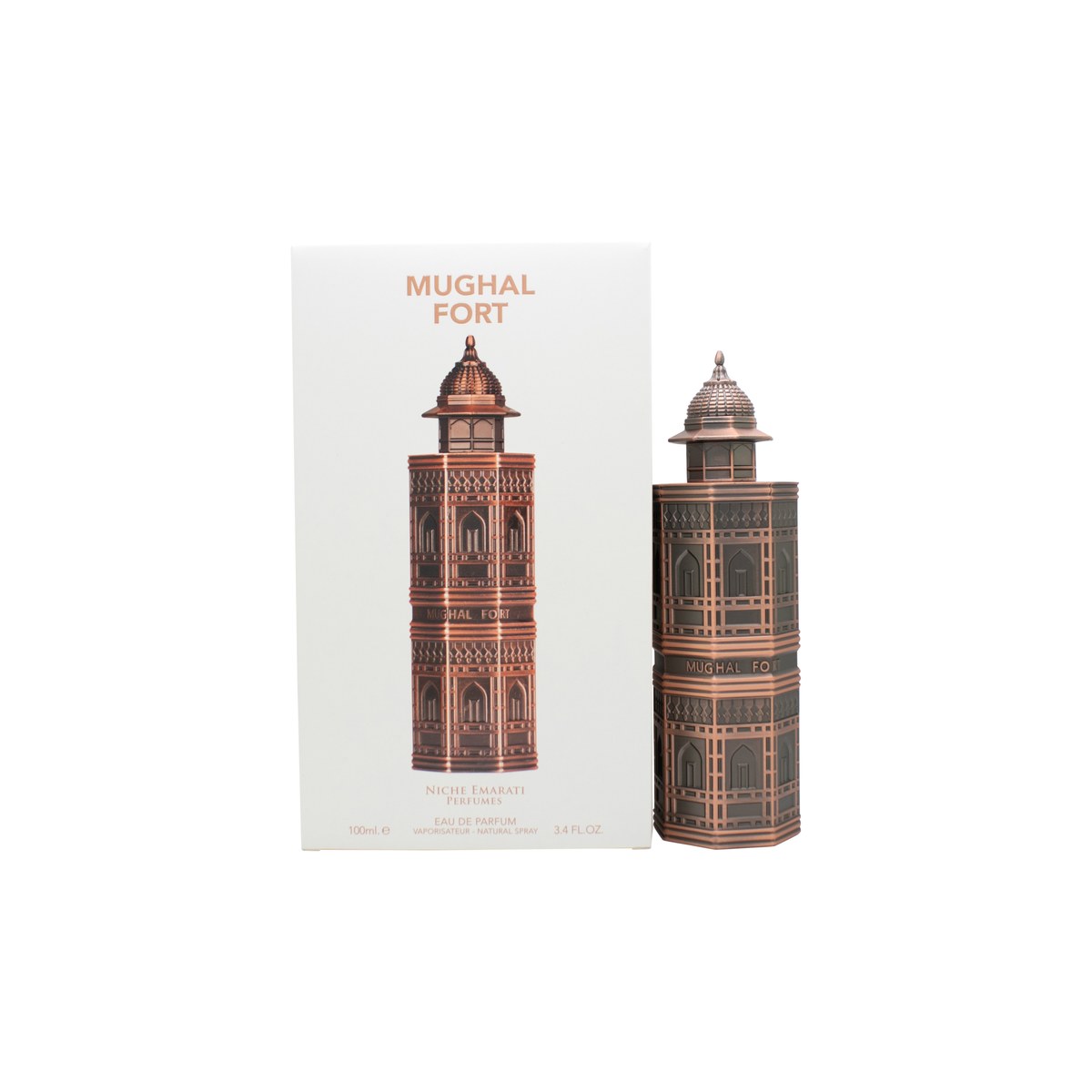 Lattafa Niche Emarati Mughal Fort Eau de Parfum 100 ml fra Lattafa – mørkegrøn flakon med gulddetaljer og ornamenteret låg