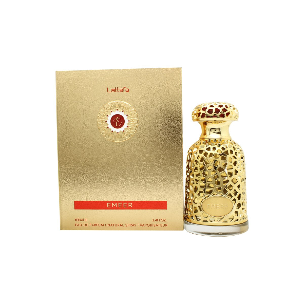 Lattafa Emeer Eau de Parfum 100 ml – sort og guldfarvet rektangulær flakon med blank front og ornamenteret låg