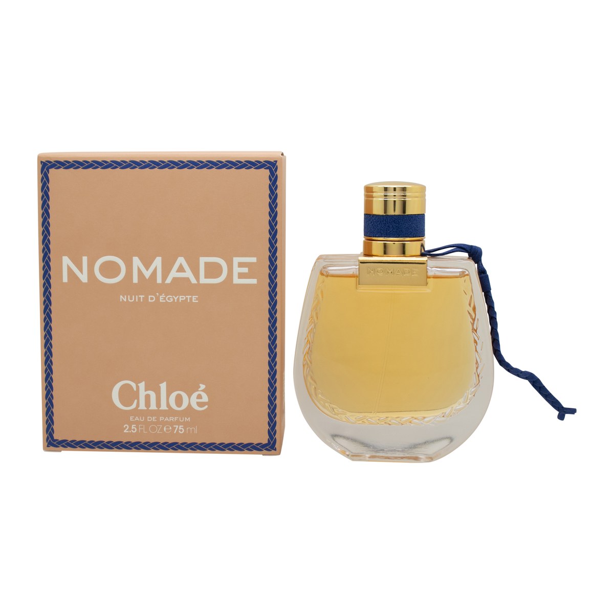 Nomade Nuit D'Egypte Eau De Parfum Chloé 75 ml mørkeblå parfume flakon i afrundet glas med fletdetalje