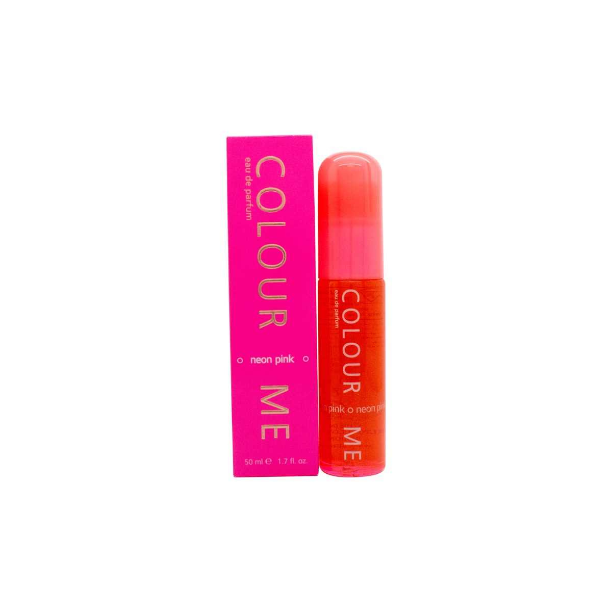 Milton Lloyd Colour Me Neon Pink Eau de Parfum 50 ml, neonpink cylinderformet flakon med sølvfarvet spraytop og klar hætte.