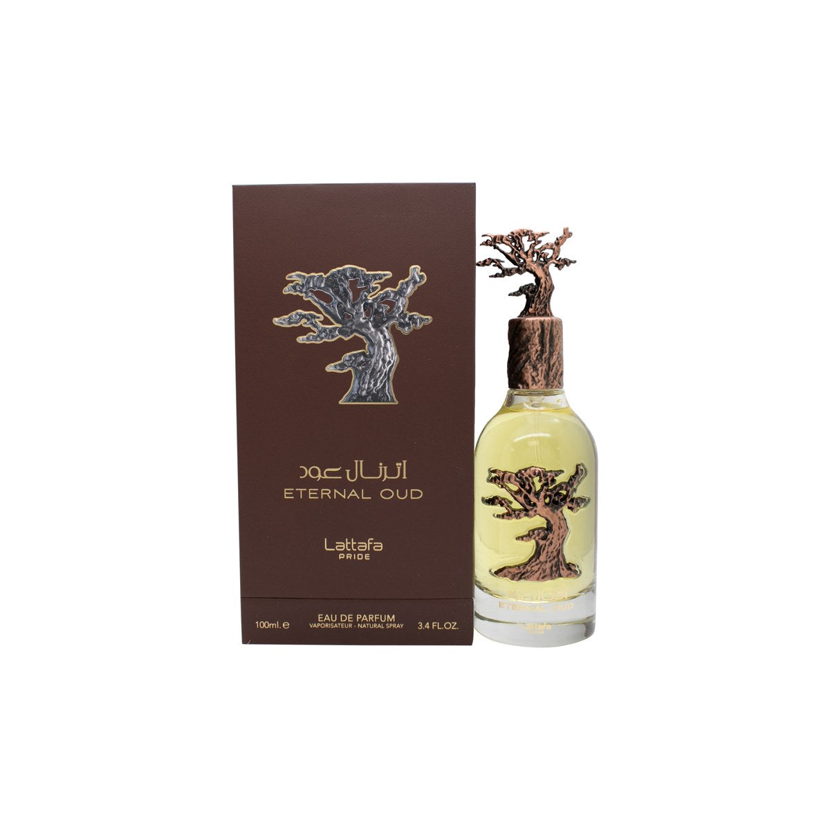 Lattafa Eternal Oud Eau de Parfum 100 ml fra Lattafa i guldfarvet, firkantet flakon med rundt emblem og mørk top