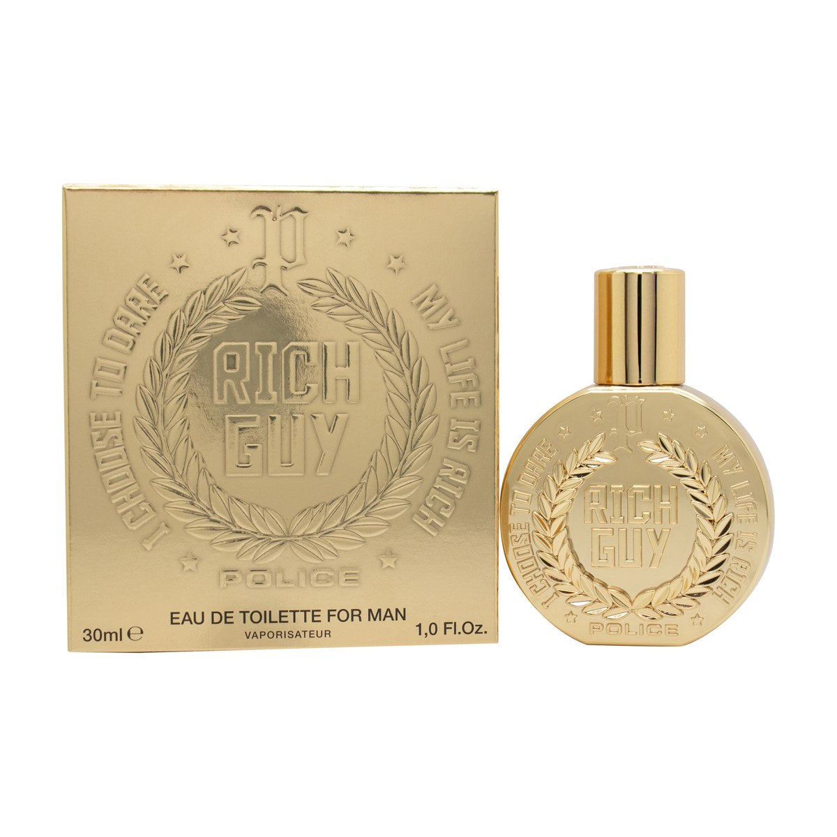 Police Rich Guy For Man Eau De Toilette, Police 30 ml – klar glasflaske med gylden spraytop og råt design
