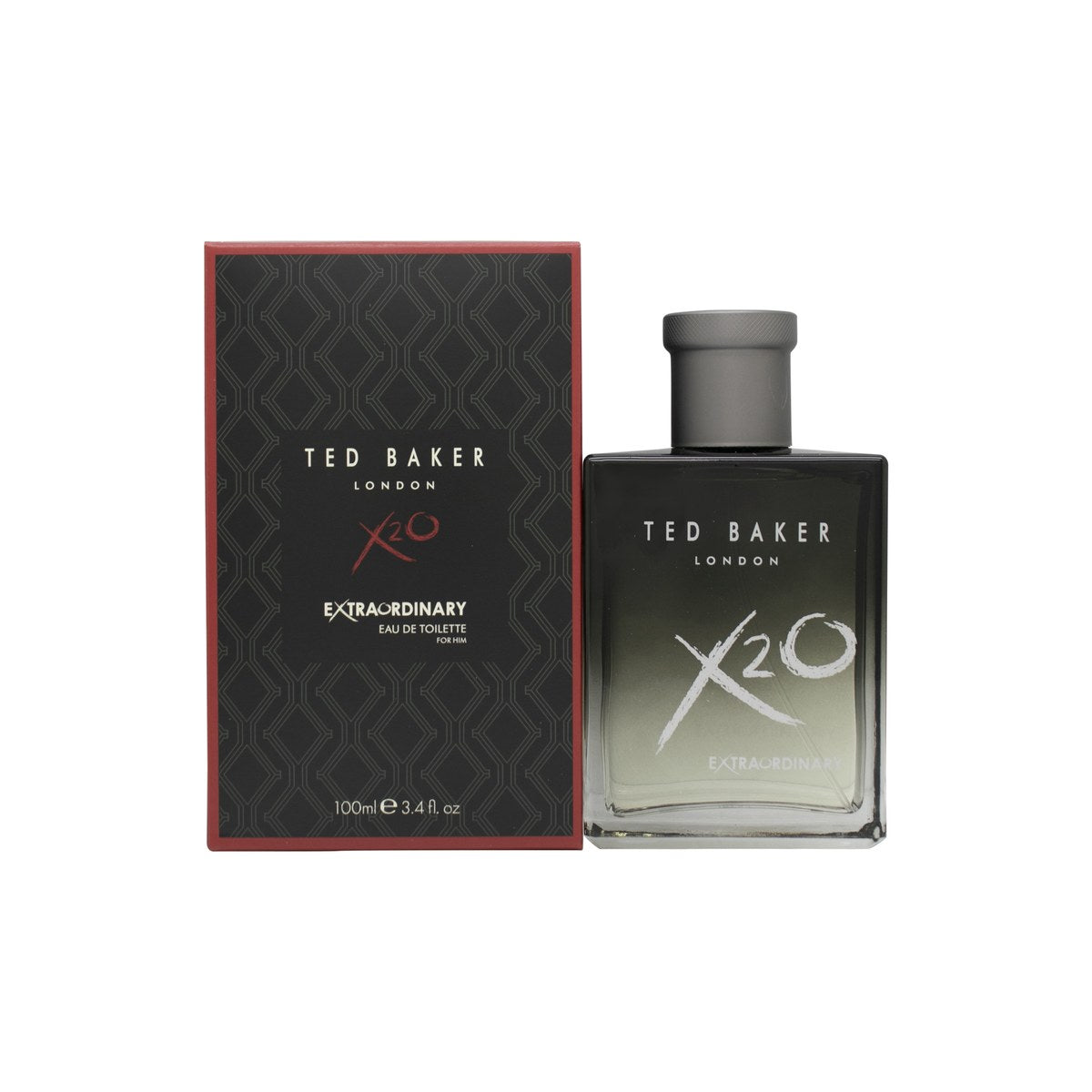 Ted Baker X20 Extraordinary For Men Eau de Toilette, Ted Baker, 100 ml – klar glasflaske med mørkeblåt låg og sølvdetaljer.