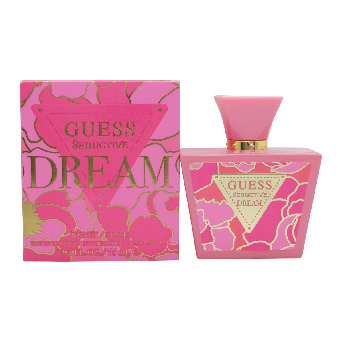 Guess Seductive Dream Eau de Toilette 75 ml – lyserød glasflaske med guldfarvet kantet låg og feminint design.