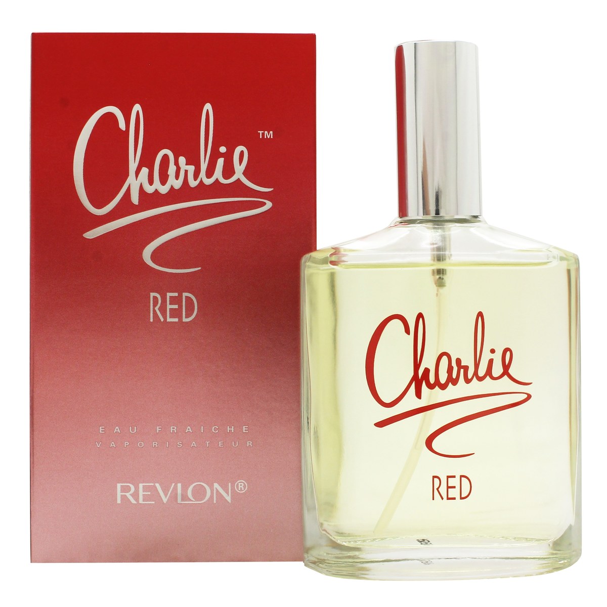 Revlon Charlie Red Eau Fraiche Eau De Toilette 100 ml – rød buet glasflaske med sølvfarvet låg og enkelt logo