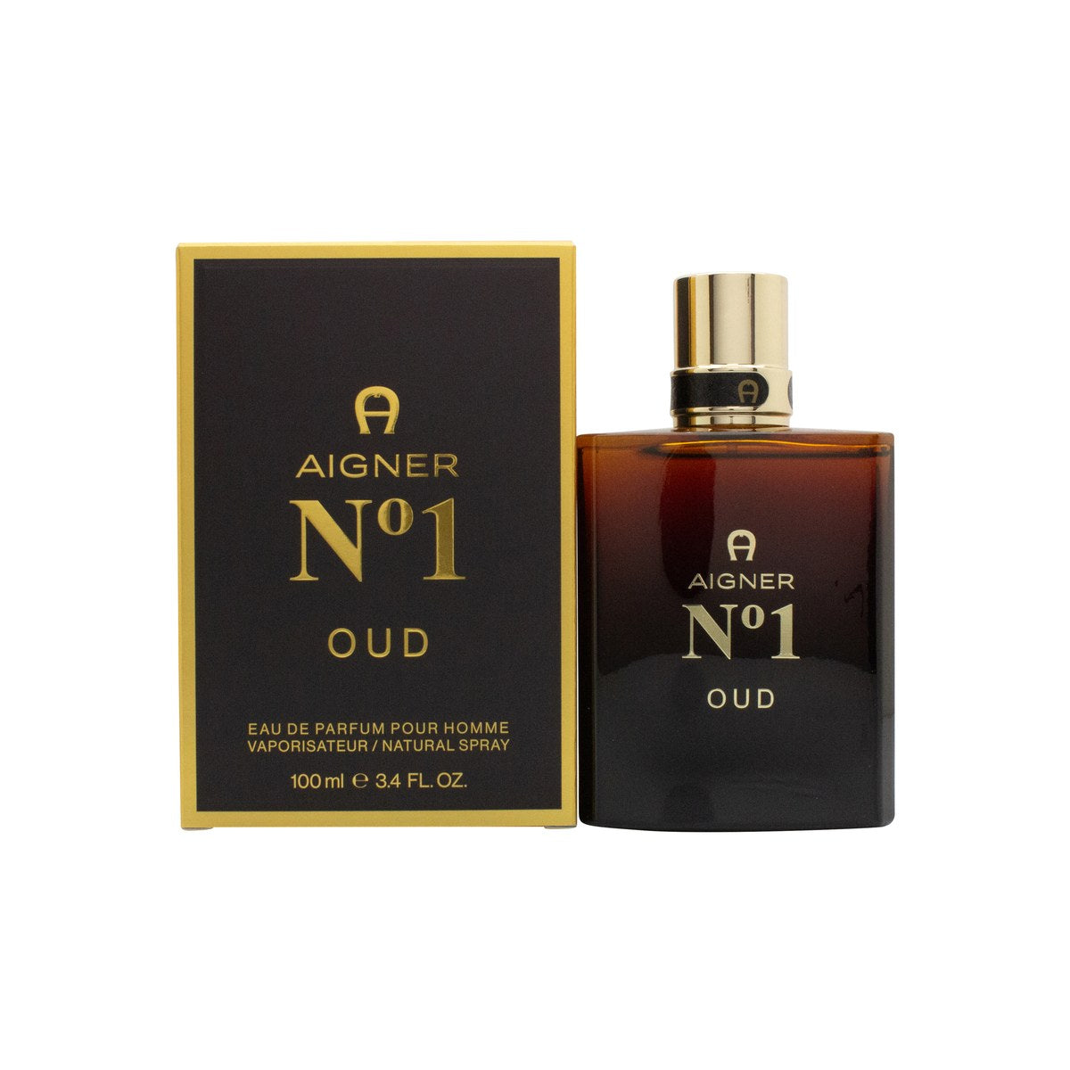 Etienne Aigner Aigner No 1 Oud Eau de Parfum 100 ml – mørk glasflakon med gyldne detaljer og kantet, maskulint design