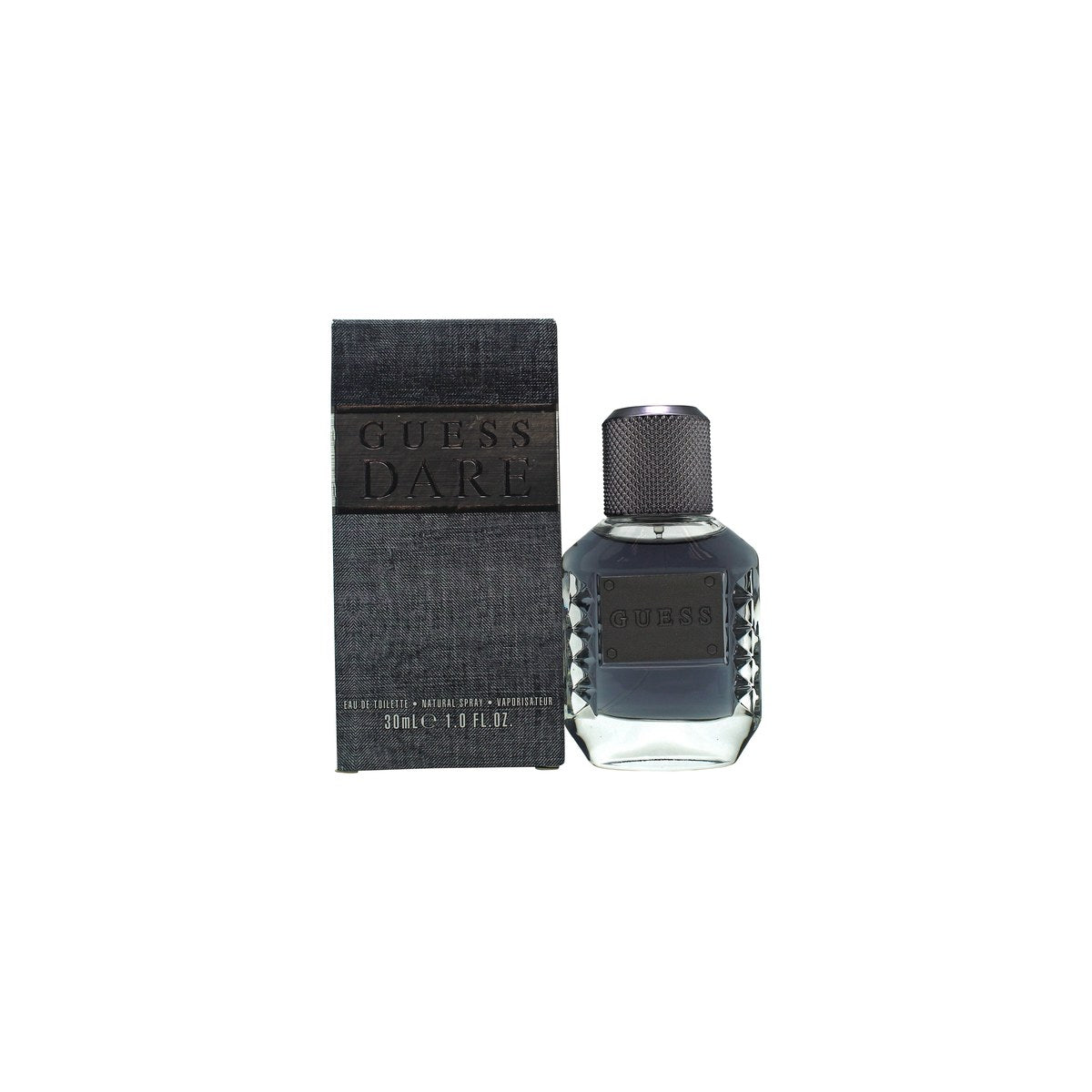 Guess Dare for Men Eau de Toilette 30 ml fra Guess i klar glasflaske med sølvkæde og mørkt låg, maskulint design