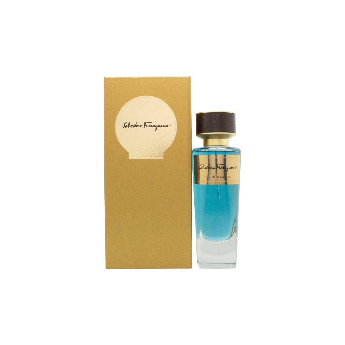 Salvatore Ferragamo E Pur Si Muove Eau de Parfum 100 ml, Salvatore Ferragamo – klar glasflaske med gylden rund hætte.