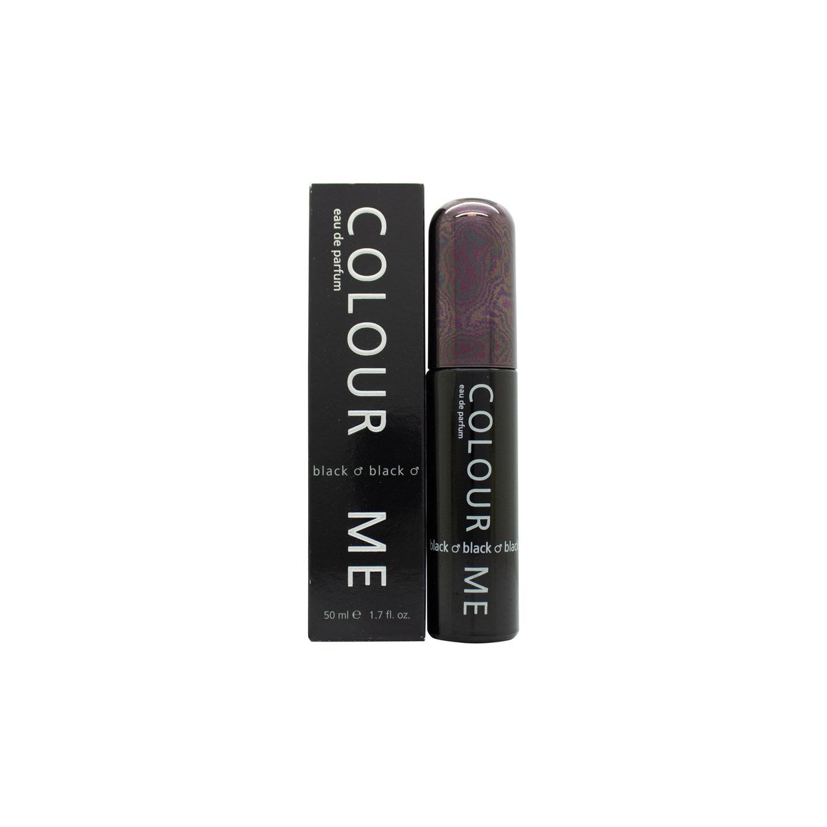 Milton Lloyd Colour Me Black Eau de Parfum 50 ml, sort cylindrisk flakon med guldskrift og minimalistisk design