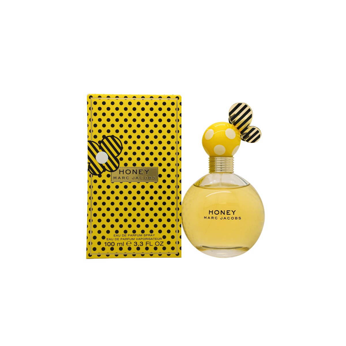 Marc Jacobs Honey Eau de Parfum 100 ml fra Marc Jacobs – rund gylden flakon med sortstribet låg og blomsterdetaljer