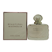 Beautiful Magnolia Eau De Parfum 50 ml, Estée Lauder – klar glasflaske med rosa duft, gyldent låg og magnoliaetiket
