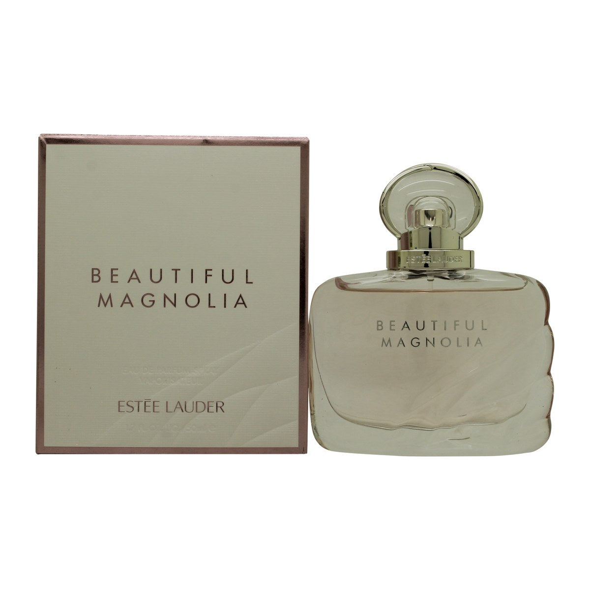 Beautiful Magnolia Eau De Parfum 50 ml, Estée Lauder – klar glasflaske med rosa duft, gyldent låg og magnoliaetiket