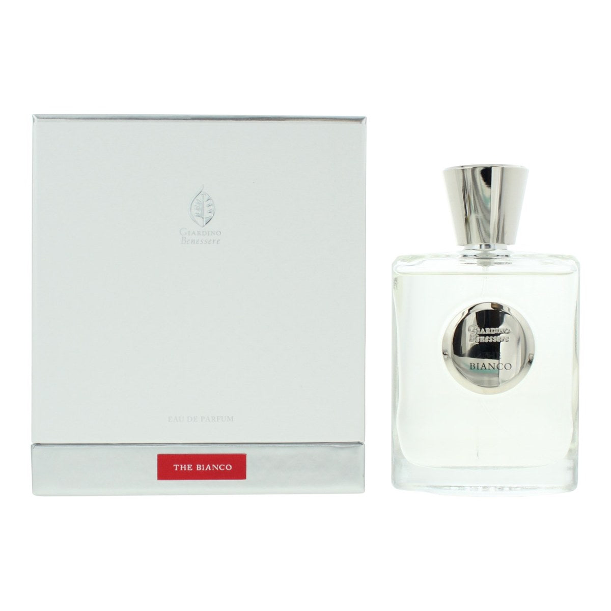 Giardino Benessere The Bianco Extrait de Parfum 100 ml i klar glasflakon med hvid etiket og gyldent låg