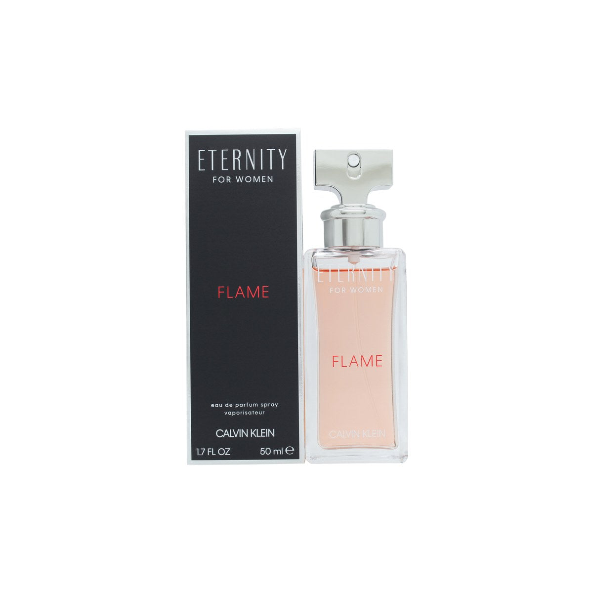 Eternity Flame For Women Eau De Parfum, Calvin Klein 50 ml, rød glasflakon i Eternity-form med sølvfarvet låg.