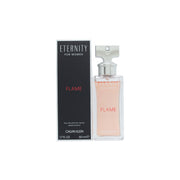 Eternity Flame For Women Eau De Parfum, Calvin Klein 50 ml, rød glasflakon i Eternity-form med sølvfarvet låg.