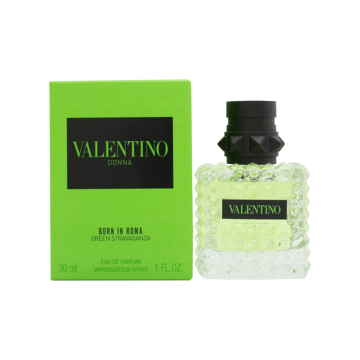 Valentino Donna Born in Roma Green Stravaganza Eau de Parfum 30 ml i grøn firkantet nitteflakon med sort låg og gyldne detaljer