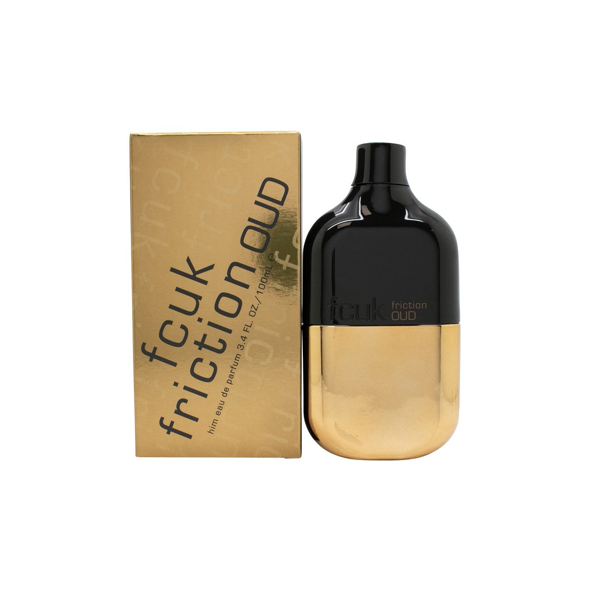 FCUK Friction Oud For Him Eau de Parfum 100 ml fra FCUK – mørk ravfarvet glasflaske med sort låg og præget logo