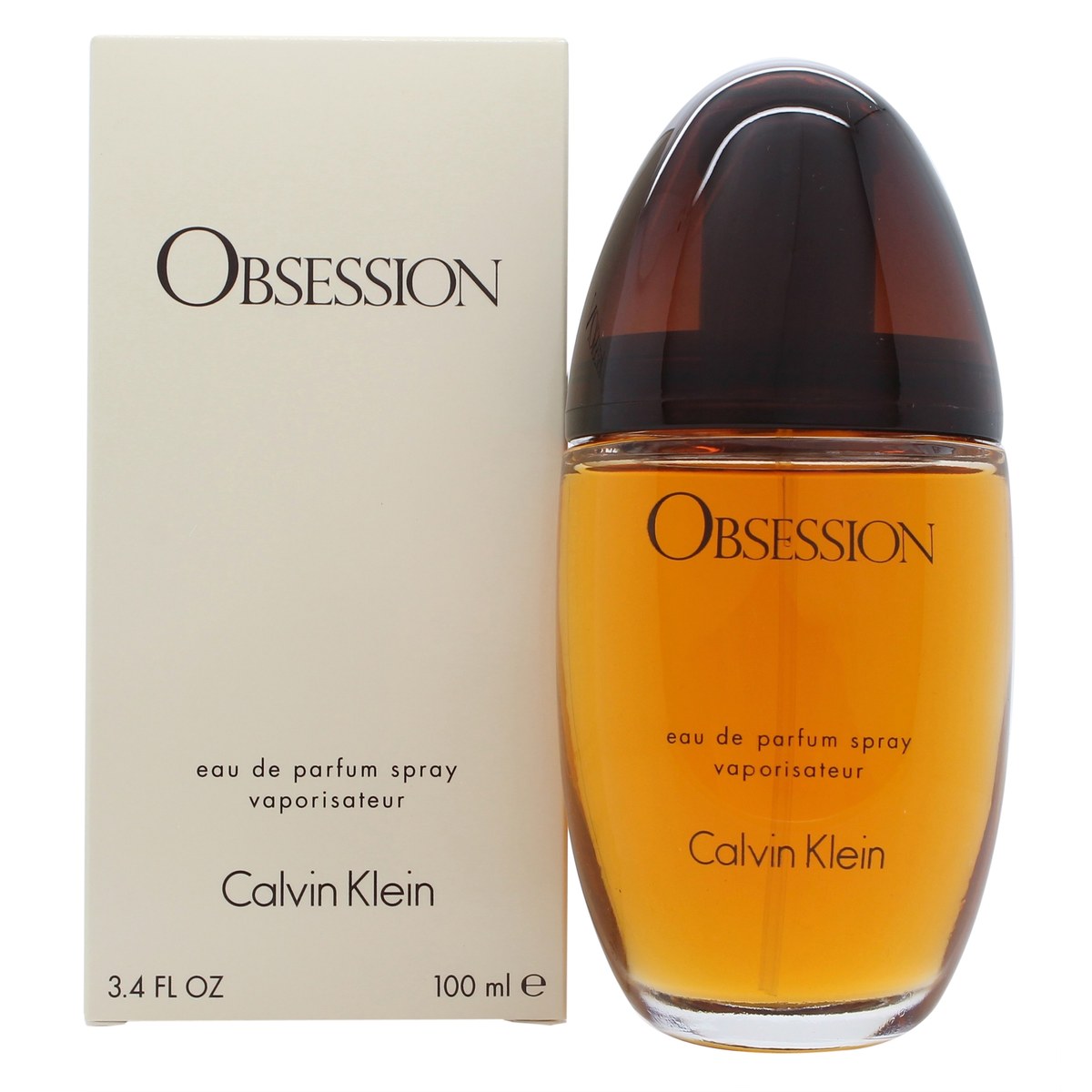 Obsession Eau De Parfum Calvin Klein 100 ml, oval flaske i ravfarvet glas med sort låg og guldfarvet etiket