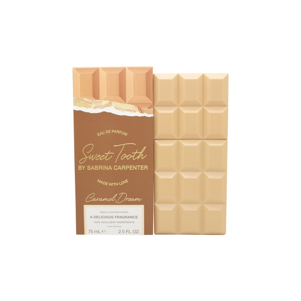 Sabrina Carpenter Sweet Tooth Caramel Dream Eau de Parfum 75 ml – karamelfarvet rund flakon med dråbeform og stor brun hætte