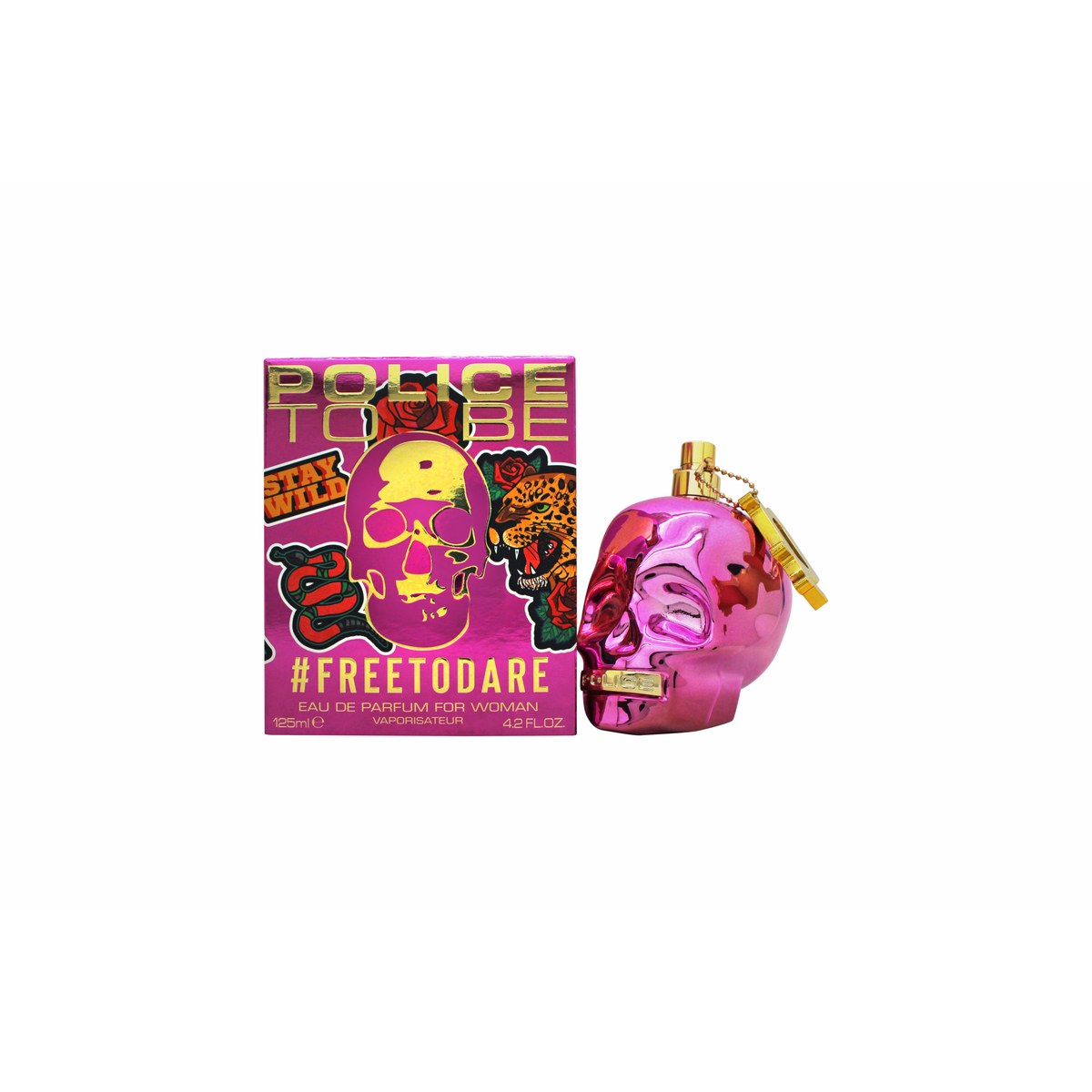 Police To Be #Freetodare Woman Eau de Parfum 125 ml, Police – iriserende pink kranieflakon med blomsterprint og rosaguld låg