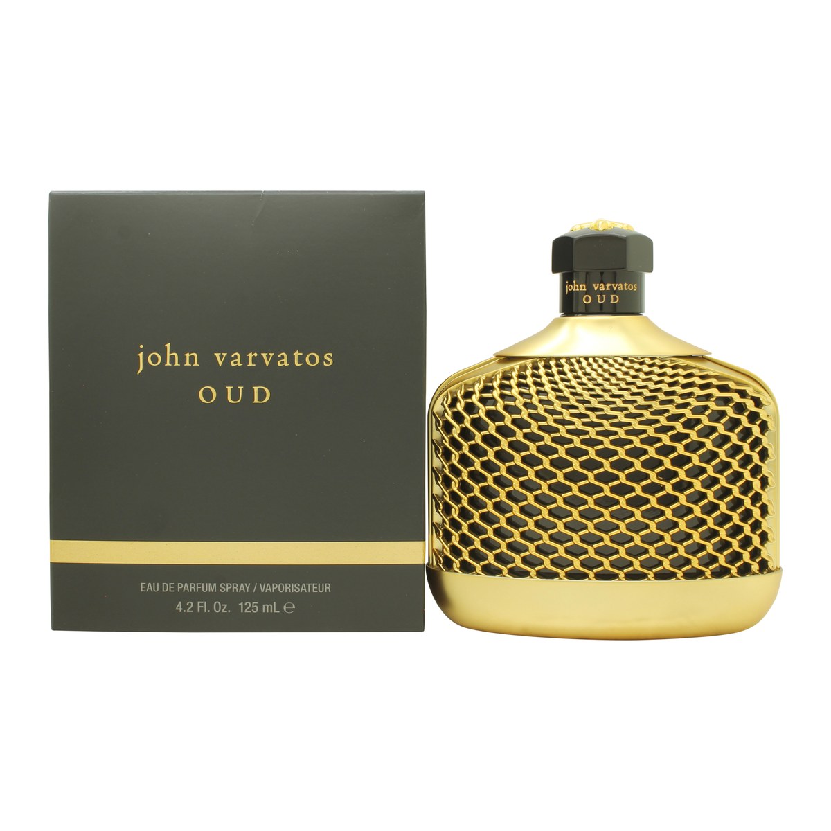 John Varvatos Oud Eau de Parfum 125 ml, John Varvatos, 125 ml – mørkebrun læderbeklædt flakon med sort hætte og gyldent logo.