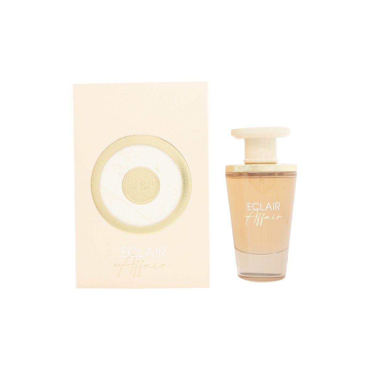 French Avenue Éclair Affair Eau de Parfum 100 ml – glasflaske med gylden duft, firkantet form og sort etiket med guldlåg.