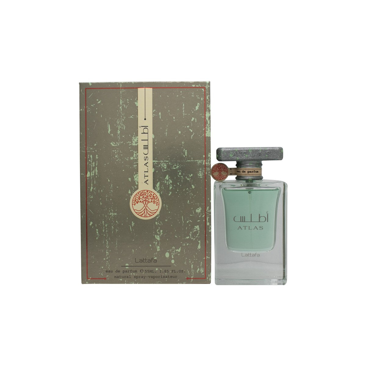 Lattafa Atlas Eau de Parfum 55 ml fra Lattafa, mørkeblå rektangulær flakon med gyldent låg og maritimt udtryk.