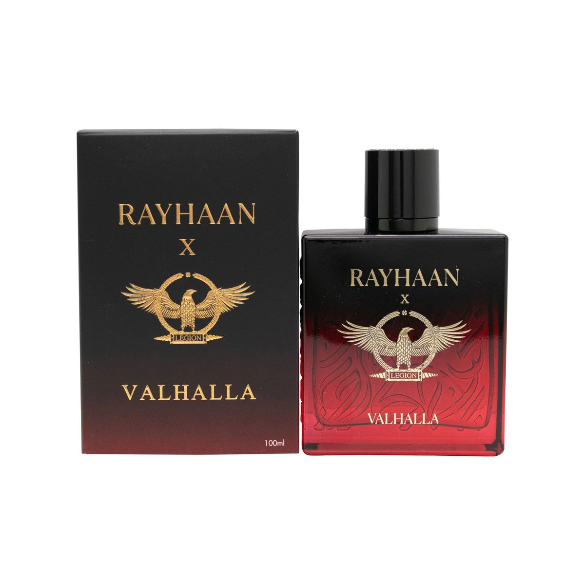 Rayhaan X Valhalla Eau De Parfum 100 ml fra Rayhaan – mørk sort flakon med kantet design og gulddetaljer.