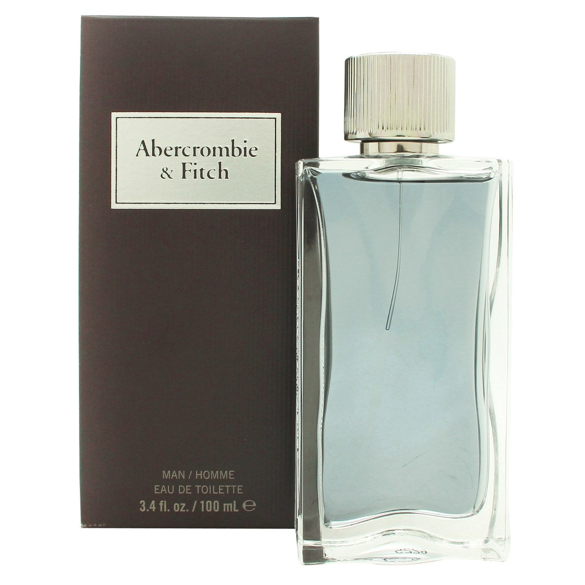 First Instinct Eau De Toilette Abercrombie & Fitch 100 ml – klar glasflakon med afrundet form, lyseblå duft og sølvlåg