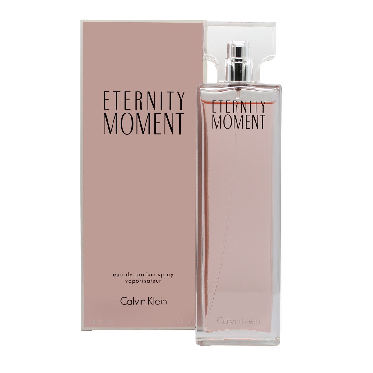 Eternity Moment Eau De Parfum Calvin Klein 100 ml – slank rektangulær glasflaske i blød rosa med sølvfarvet låg
