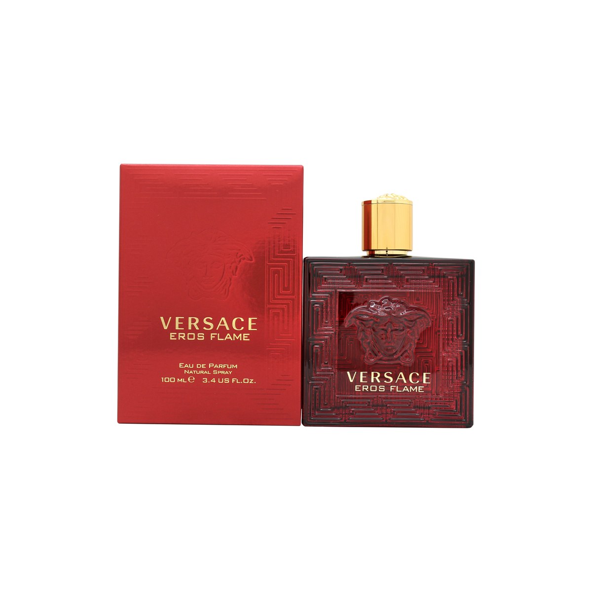 Versace Eros Flame Eau De Parfum, Versace, 100 ml – rød glasflaske med Medusa-emblem, guldkantet låg