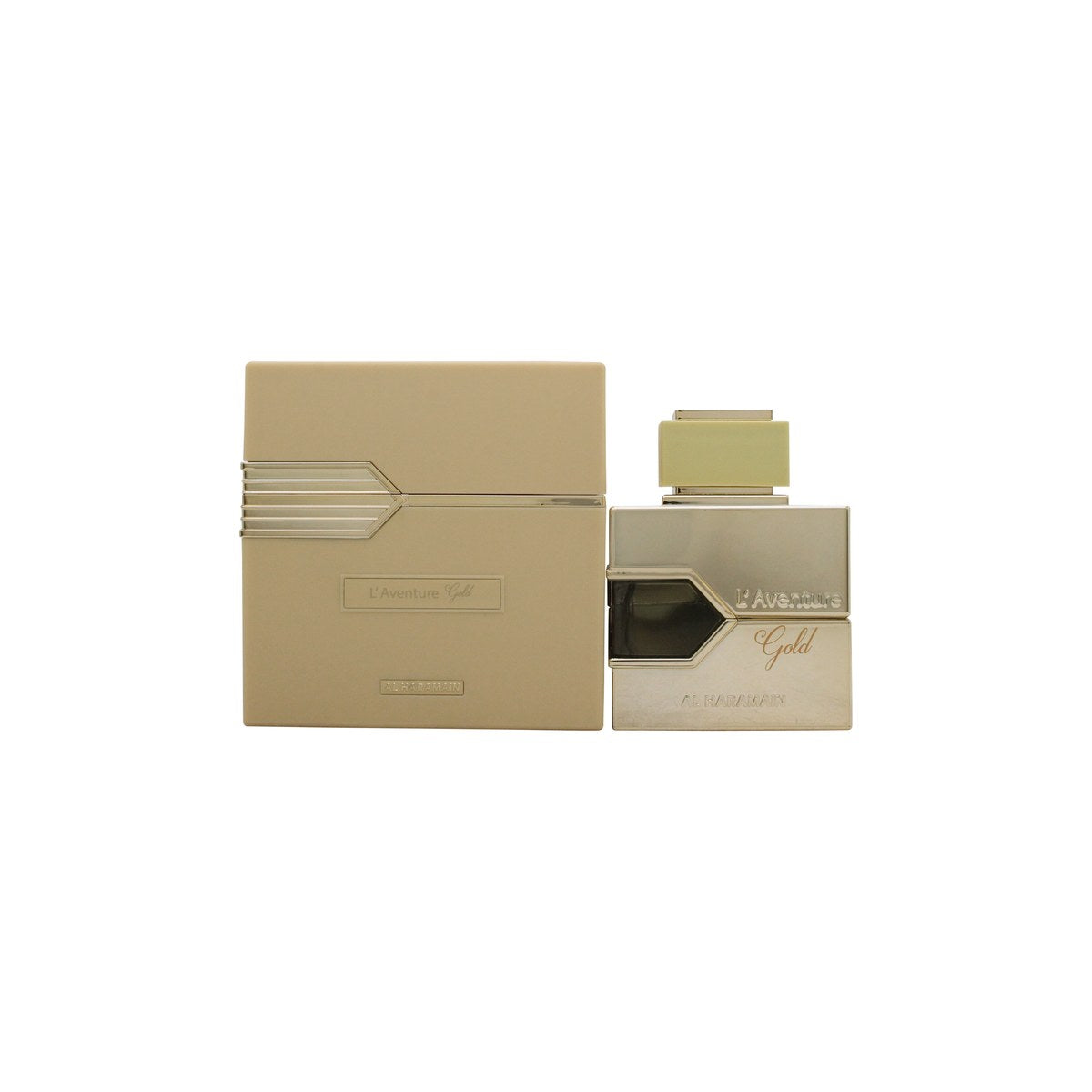 Al Haramain L'Aventure Gold Eau de Parfum 100 ml fra Al Haramain, guldfarvet flakon med firkantet form og sort etikette.