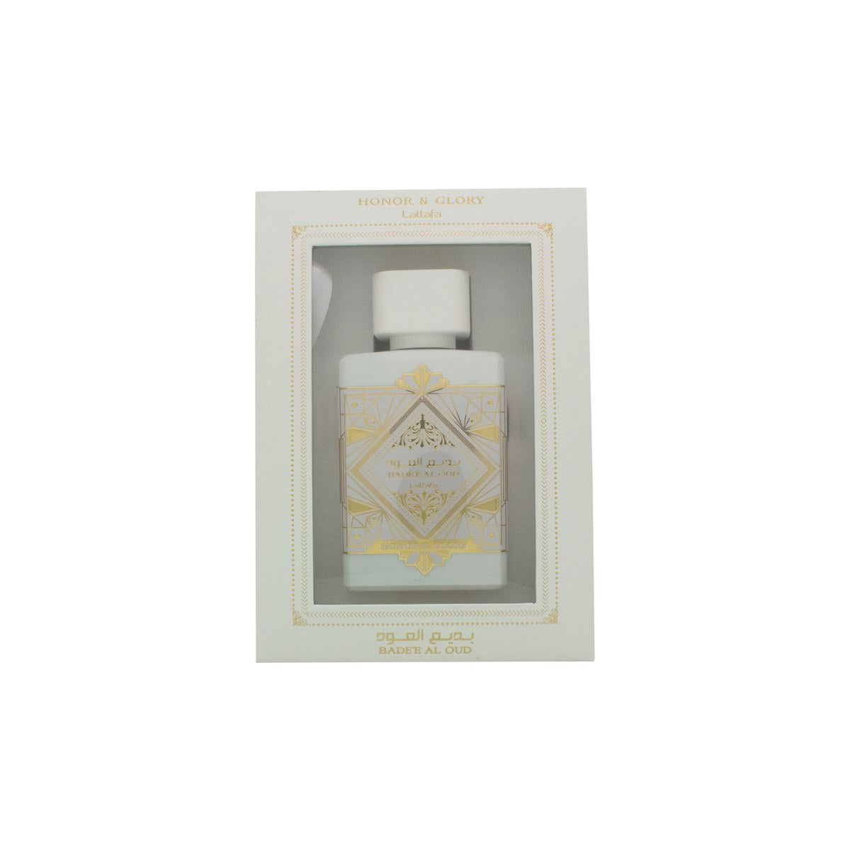 Lattafa Bade'e Al Oud Honor & Glory Eau de Parfum 100 ml flakon i hvid og guld med rund guldkapsel og præget emblem